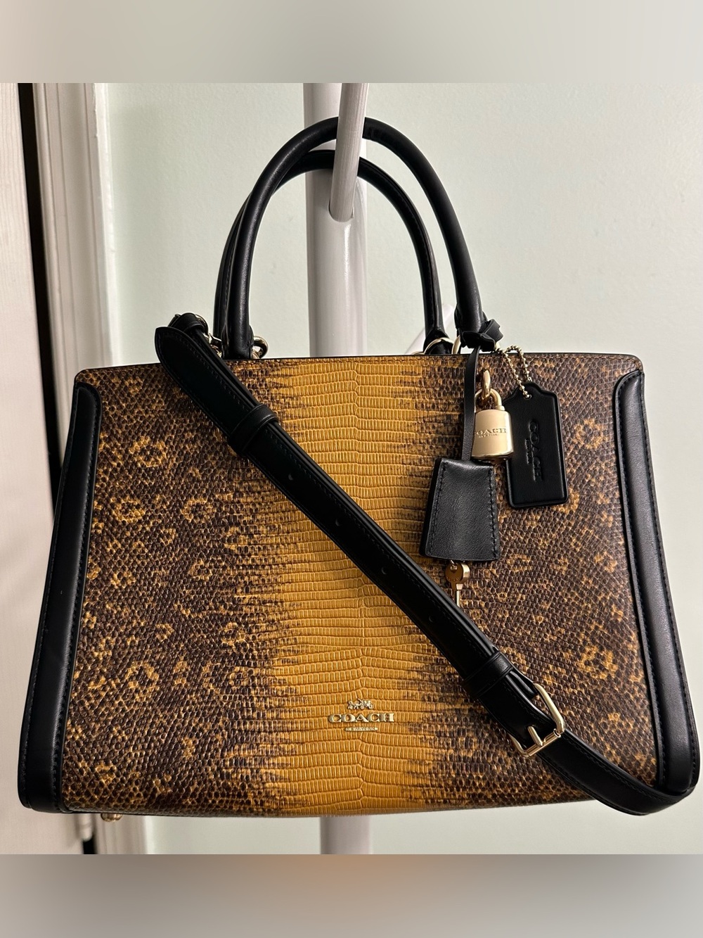 Coach Zoe Carryall Mustard/Gold Lizard Embossed Leather Satchel Mint